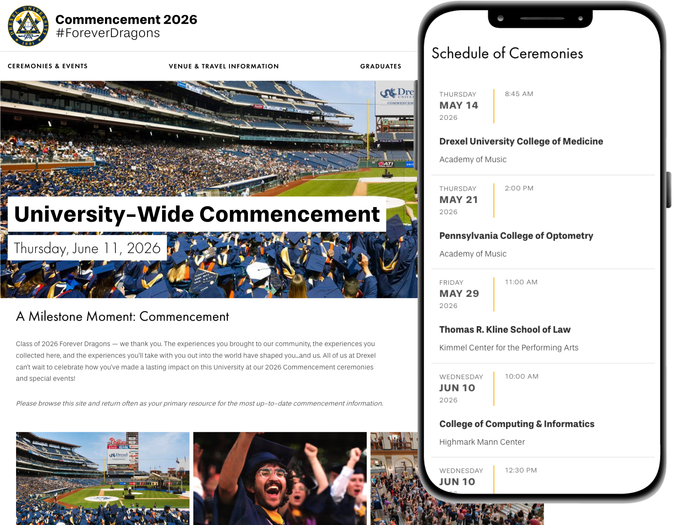 Drexel Commencement Site Redesign — desktop and mobile views